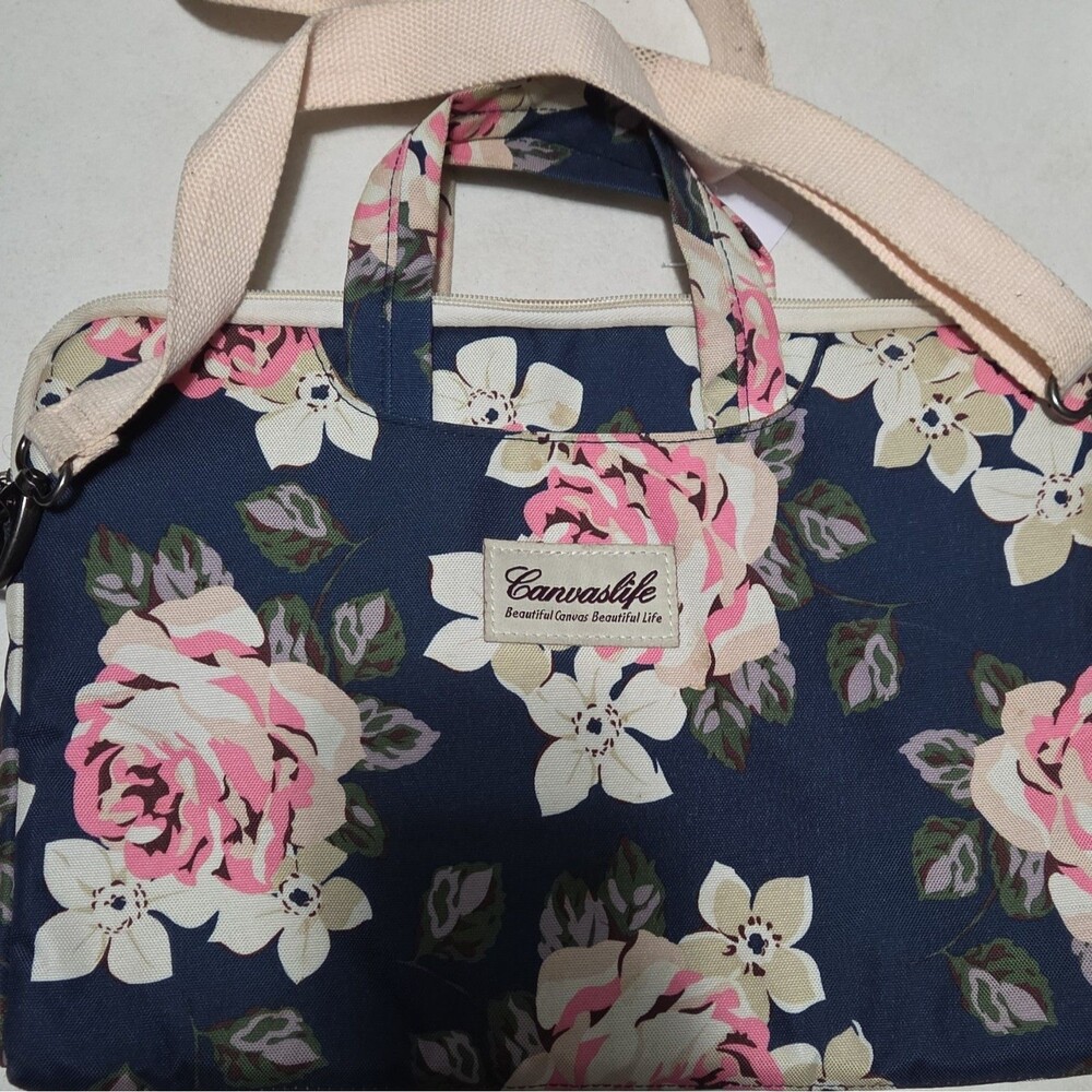 Canvaslife Floral Laptop Bag Messenger Case Sleeve Padded Navy Pink Crossbody